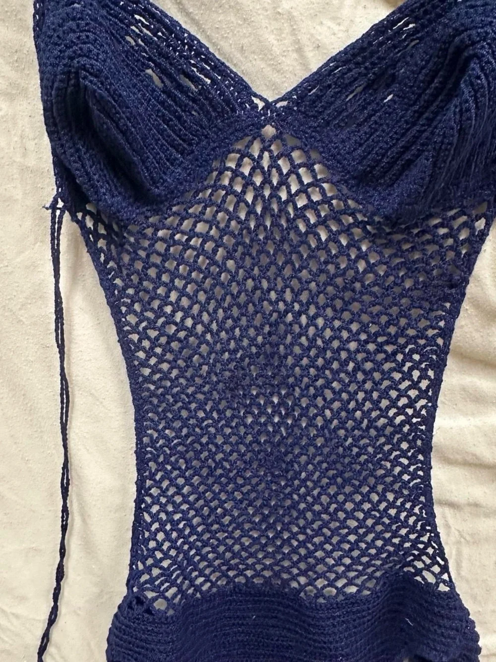 Crochet navy blue swim suit beach cover.